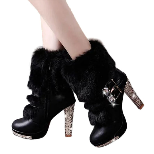 Rhinestone High Heeled Short boots for women Thick With Short Round Head Side Zipper Super High With Fashion party Boots Female