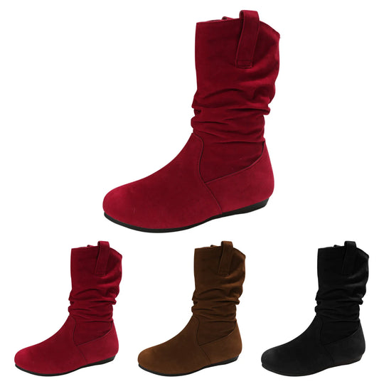 Womens Heel Boots Mid Calf Ladies Fashion Solid Colour Simple Round Toe Suede Flat Bottom Sleeve Cowboy Boots Women with Crosses-Deals With JT
