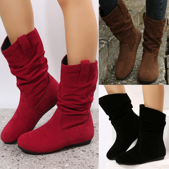 Womens Heel Boots Mid Calf Ladies Fashion Solid Colour Simple Round Toe Suede Flat Bottom Sleeve Cowboy Boots Women with Crosses-Deals With JT