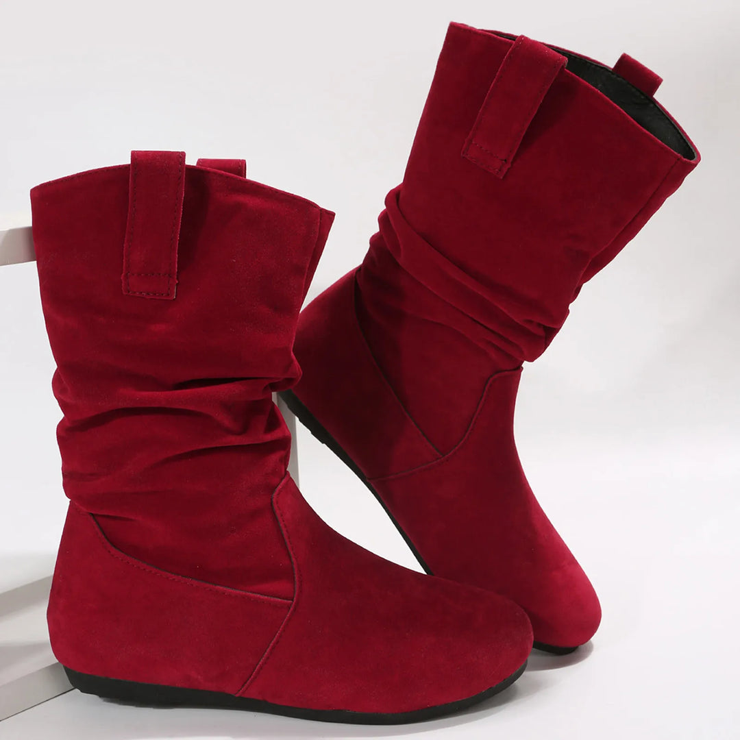 Womens Heel Boots Mid Calf Ladies Fashion Solid Colour Simple Round Toe Suede Flat Bottom Sleeve Cowboy Boots Women with Crosses-Deals With JT