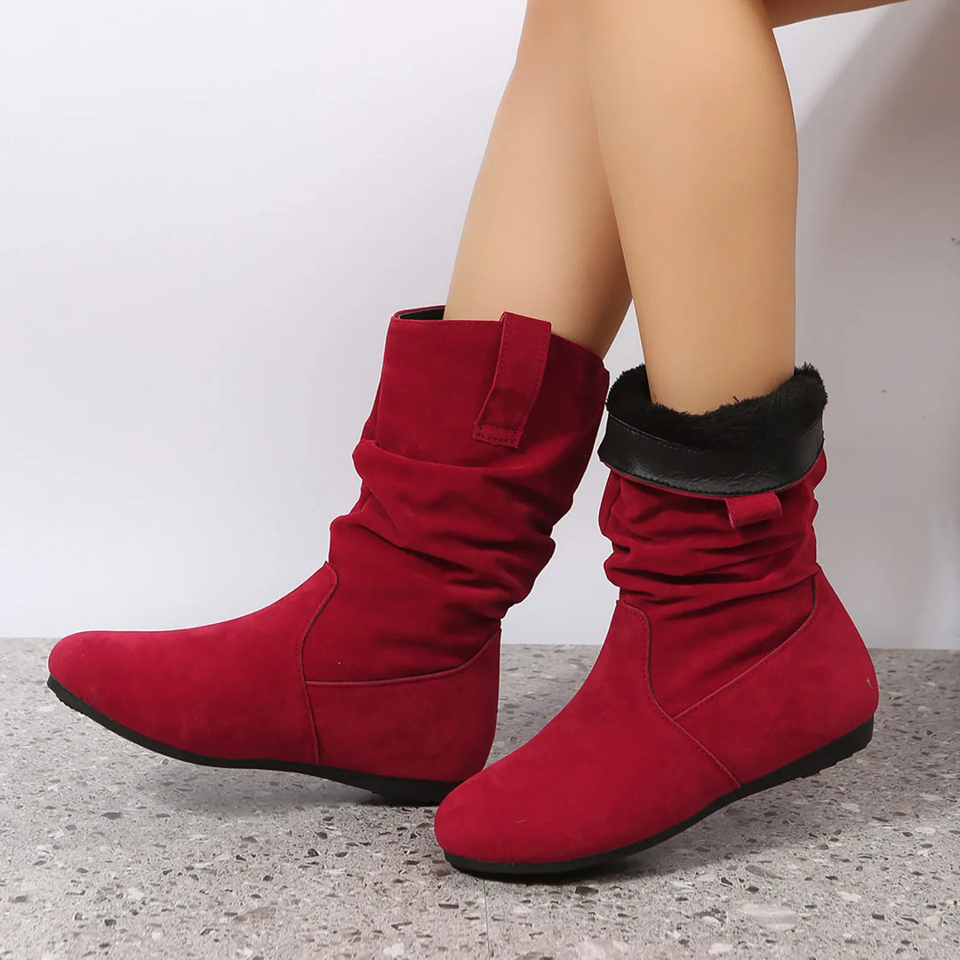 Womens Heel Boots Mid Calf Ladies Fashion Solid Colour Simple Round Toe Suede Flat Bottom Sleeve Cowboy Boots Women with Crosses-Deals With JT