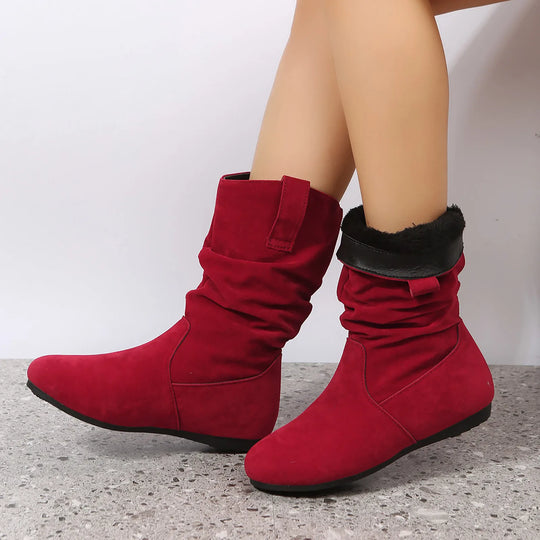 Womens Heel Boots Mid Calf Ladies Fashion Solid Colour Simple Round Toe Suede Flat Bottom Sleeve Cowboy Boots Women with Crosses-Deals With JT