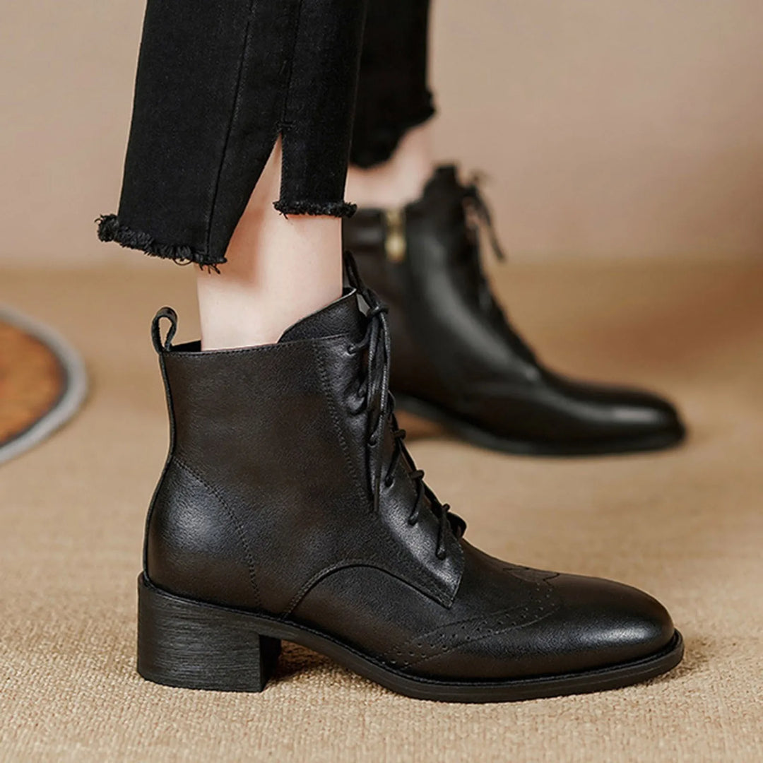 New Women'S Boots Thick Heels Snowy Villi Leather Short Boots Women'S Middle Heel Lace Up Boots Autumn And Winter Shoes Zipper