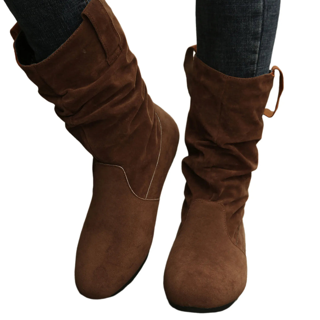 Womens Heel Boots Mid Calf Ladies Fashion Solid Colour Simple Round Toe Suede Flat Bottom Sleeve Cowboy Boots Women with Crosses-Deals With JT
