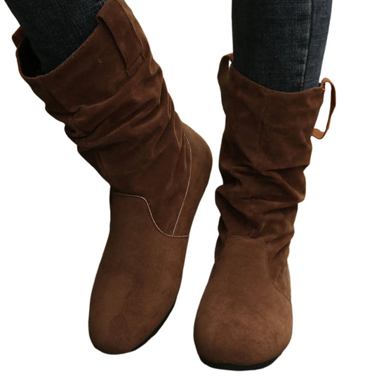 Womens Heel Boots Mid Calf Ladies Fashion Solid Colour Simple Round Toe Suede Flat Bottom Sleeve Cowboy Boots Women with Crosses-Deals With JT