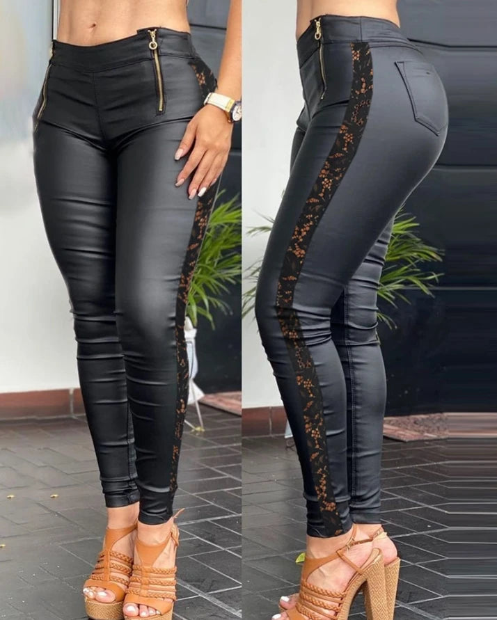 Elegant PU Leather Skinny Pants with Crochet Lace Patch