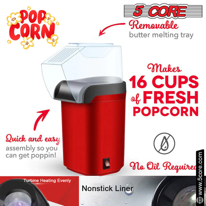 5Core Popcorn Machine 16 Cup Hot Air Popper Mini Portable Electric Pop Corn Maker