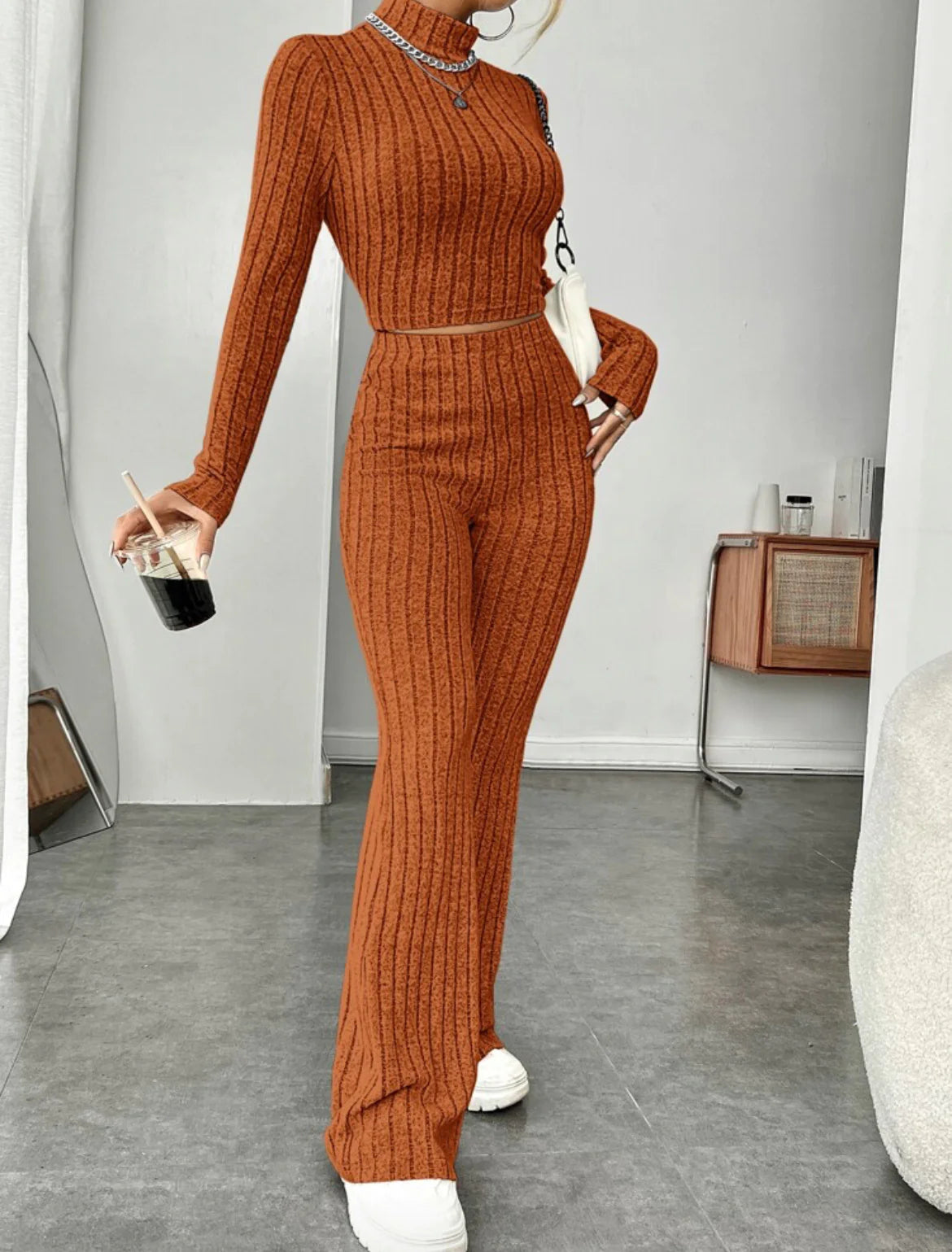 ESSENTIAL Long Sleeve Turtlenecks Wide Leg High Waist Trousers Suit