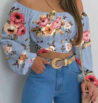 Women's Off Shoulder Printed Blouses, womens clothes, blue flower print, front