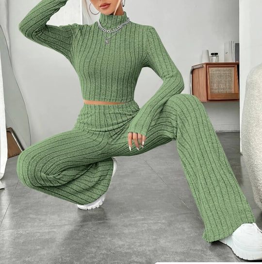 ESSENTIAL Long Sleeve Turtlenecks Wide Leg High Waist Trousers Suit