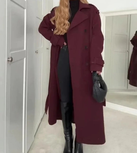 Elegant Bordeaux Lapel Mix Maxi Overcoat