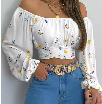 Women's Off Shoulder Printed Blouses, womens clothes, white, butterfly print