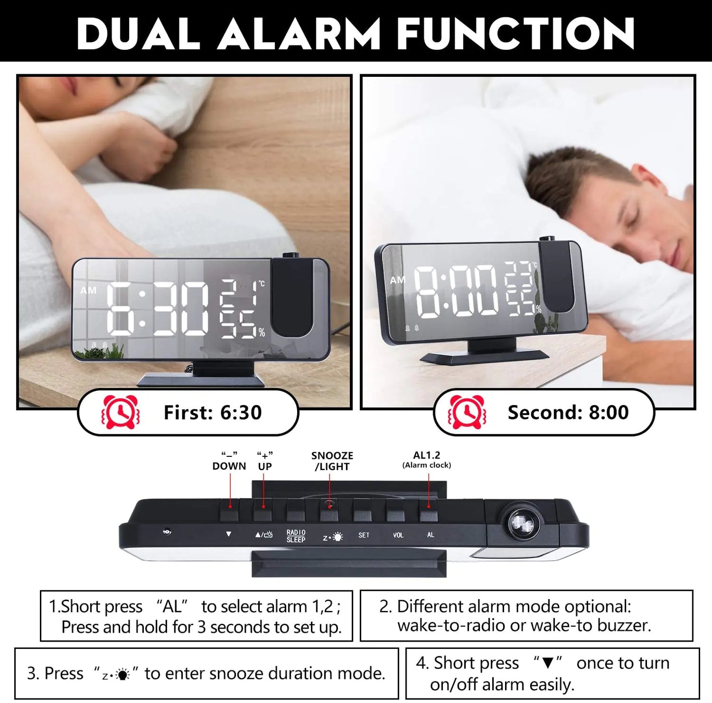 LED Projection Digital Alarm Clock Phone Charger