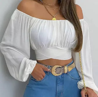 Women's Off Shoulder Printed Blouses, womens clothes, white, front