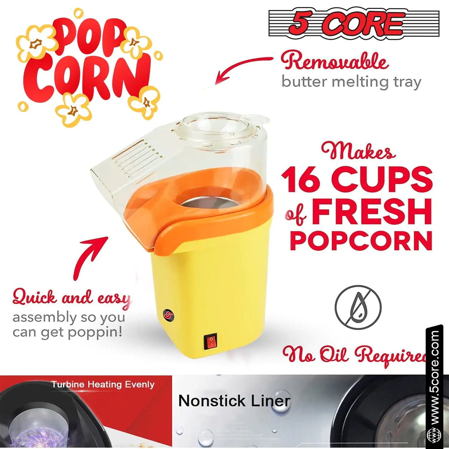 5Core Popcorn Machine 16 Cup Hot Air Popper Mini Portable Electric Pop Corn Maker